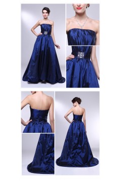 A-Line Strapless Beaded Blue Taffeta Prom Evening Formal Dresses ED011006