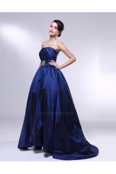 A-Line Strapless Beaded Blue Taffeta Prom Evening Formal Dresses ED011006