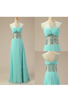 A-Line Jewel Beaded Long Blue Chiffon Prom Evening Formal Dresses ED011024