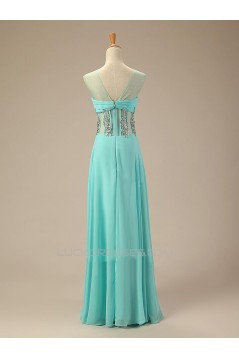 A-Line Jewel Beaded Long Blue Chiffon Prom Evening Formal Dresses ED011024