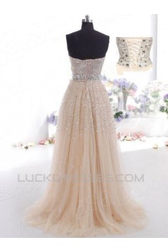 A-Line Sweetheart Beaded Tulle Long Prom Evening Formal Dresses ED011030