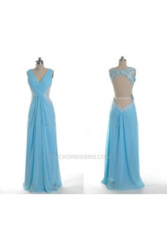 Sheath/Column V-Neck Beaded Applique Long Blue Chiffon Prom Evening Formal Dresses ED011035