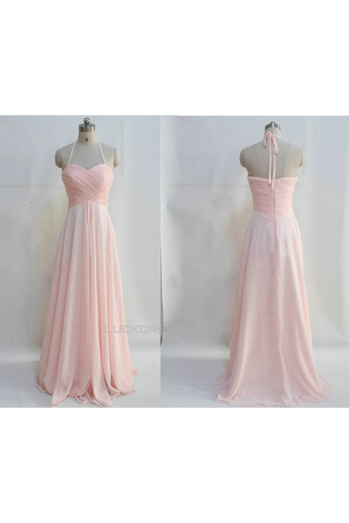 A-Line Halter Long Pink Chiffon Prom Evening Bridesmaid Dresses ED011046