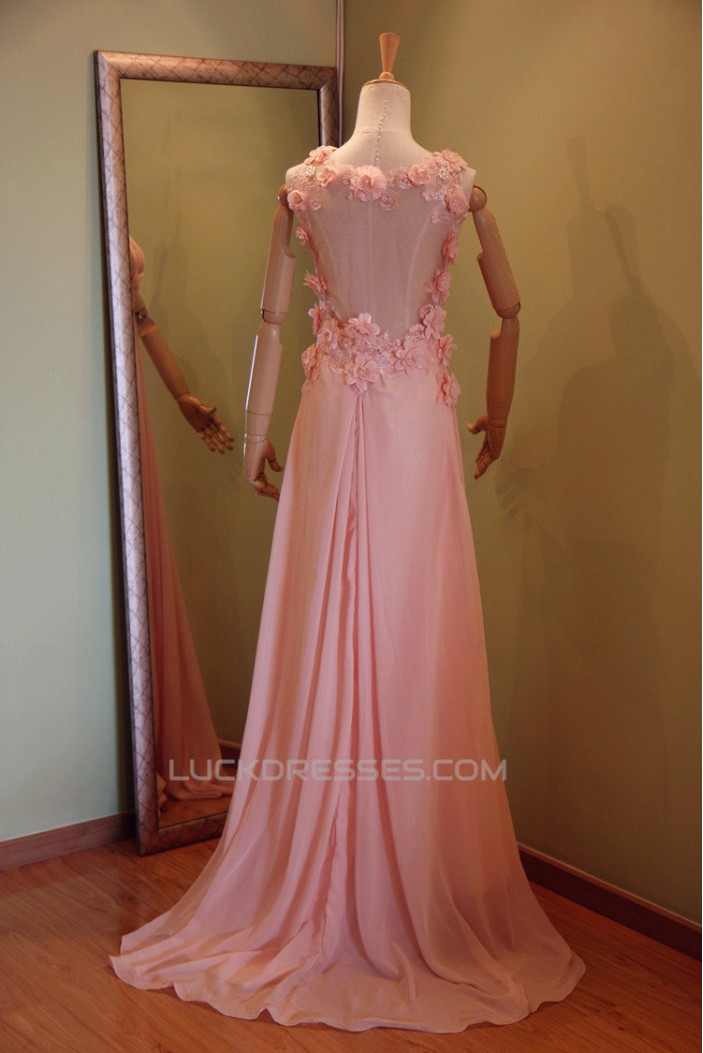 A-Line V-Neck Long Pink Chiffon Prom Evening Formal Dresses ED011072