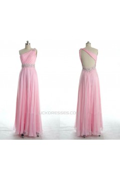 A-Line One-Shoulder Beaded Long Pink Chiffon Prom Evening Formal Dresses ED011077