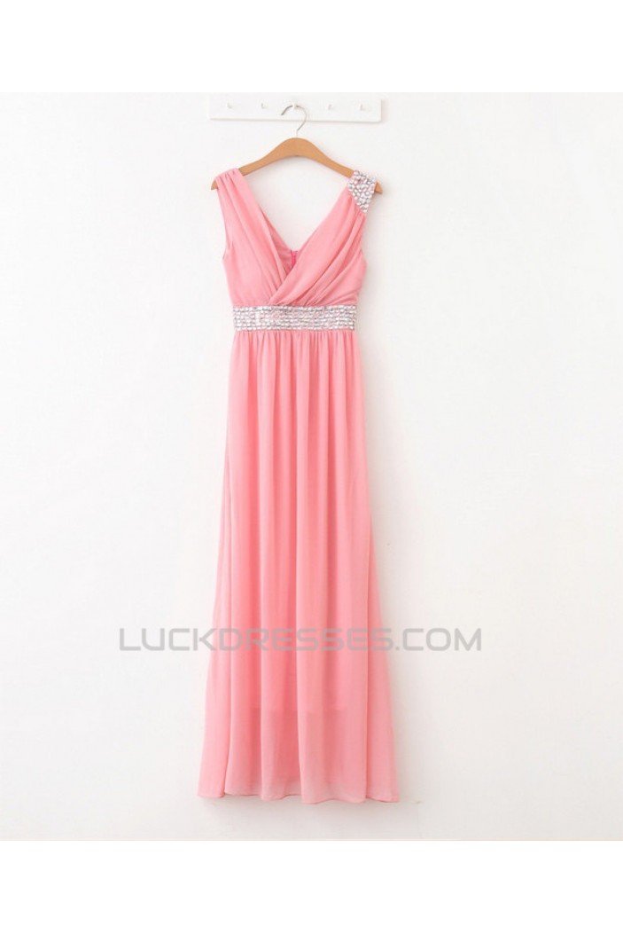 A-Line V-Neck Beaded Long Chiffon Prom Evening Formal Dresses ED011086