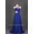 A-Line One-Shoulder Beaded Long Blue Chiffon Prom Evening Formal Dresses ED011098
