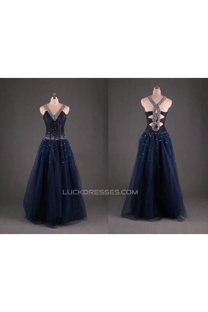A-Line V-Neck Beaded Long Prom Evening Formal Dresses ED011110