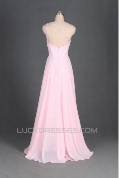 A-Line One-Shoulder Beaded Long Pink Chiffon Prom Evening Formal Dresses ED011114