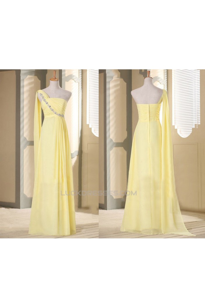 A-Line One-Shoulder Beaded Long Yellow Chiffon Prom Evening Formal Dresses ED011115