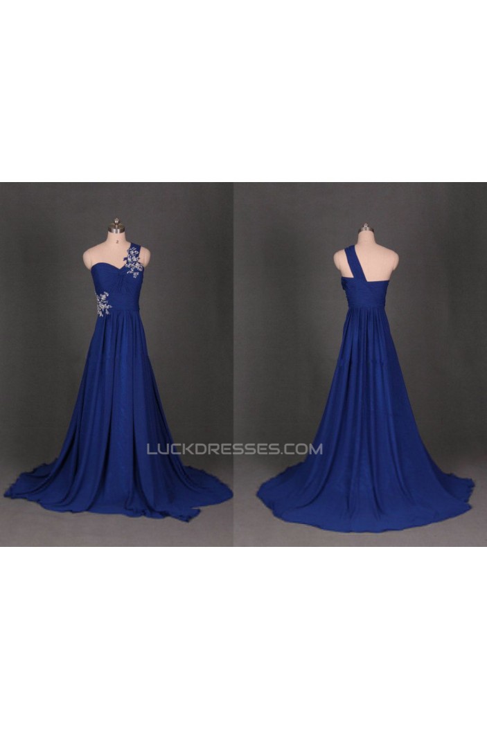 A-Line One-Shoulder Beaded Long Blue Chiffon Prom Evening Formal Dresses ED011119