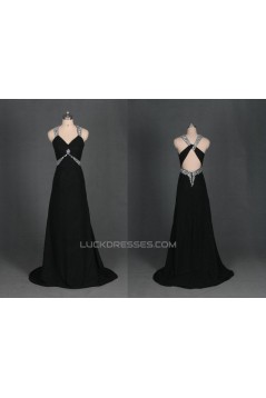 A-Line V-Neck Beaded Long Black Chiffon Prom Evening Formal Dresses ED011124