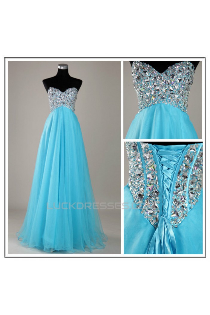 A-Line Sweetheart Beaded Long Blue Chiffon Prom Evening Formal Dresses ED011139