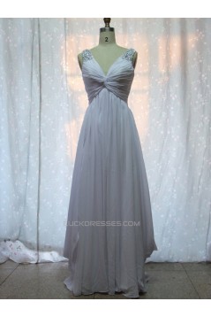 A-Line V-Neck Beaded Long White Chiffon Prom Evening Formal Dresses ED011152
