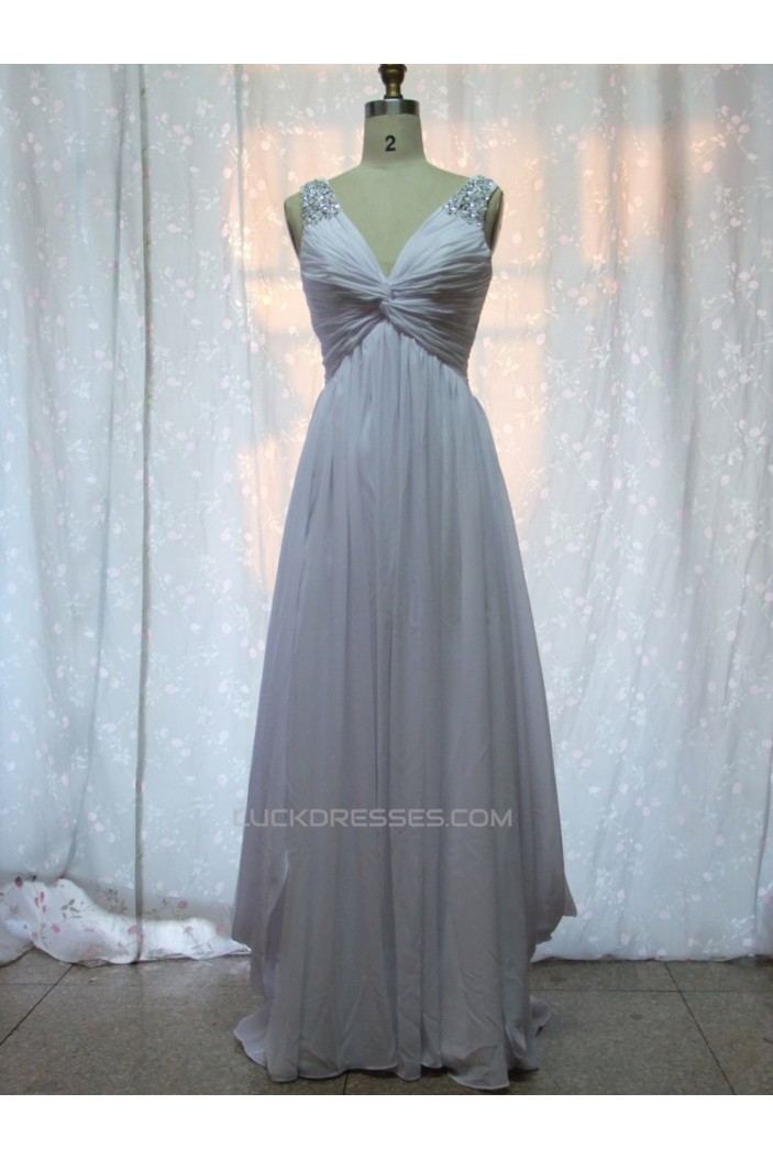 A-Line V-Neck Beaded Long White Chiffon Prom Evening Formal Dresses ED011152