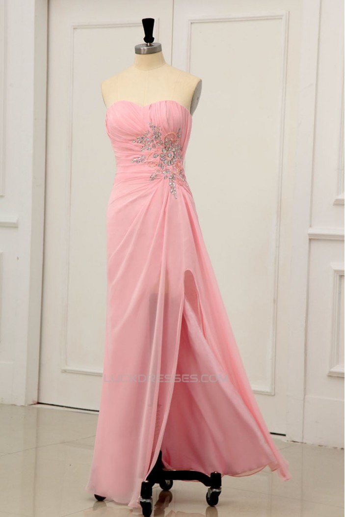Split-Front Sweetheart Beaded Long Pink Chiffon Prom Evening Formal Dresses ED011156