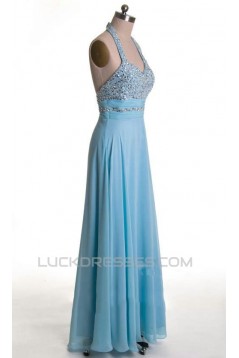 A-Line Halter Beaded Long Blue Chiffon Prom Evening Formal Dresses ED011170