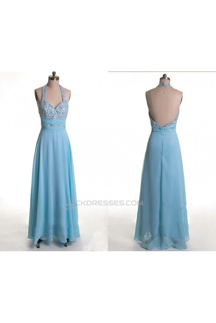 A-Line Halter Beaded Long Blue Chiffon Prom Evening Formal Dresses ED011170