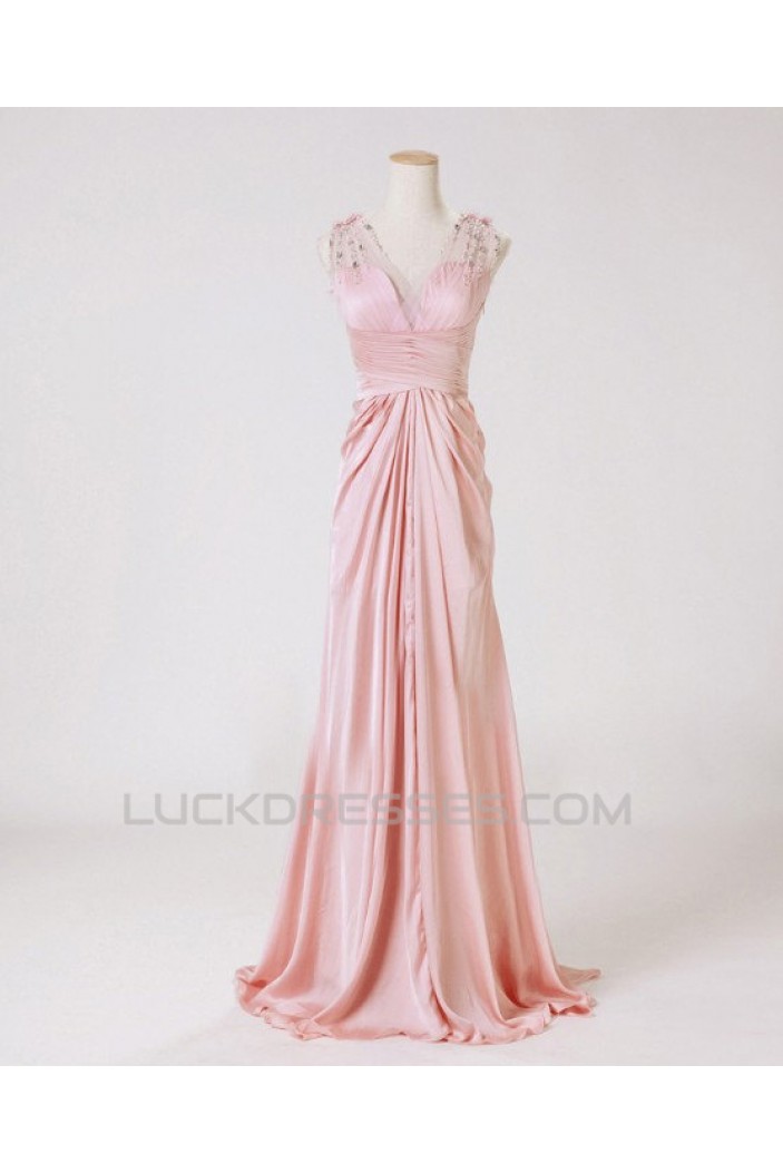 Sheath/Column V-Neck Beaded Long Pink Chiffon Prom Evening Formal Dresses ED011175
