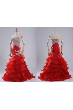 Trumpet/Mermaid Sweetheart Beaded Ruffle Long Red Organza Prom Evening Formal Dresses ED011179