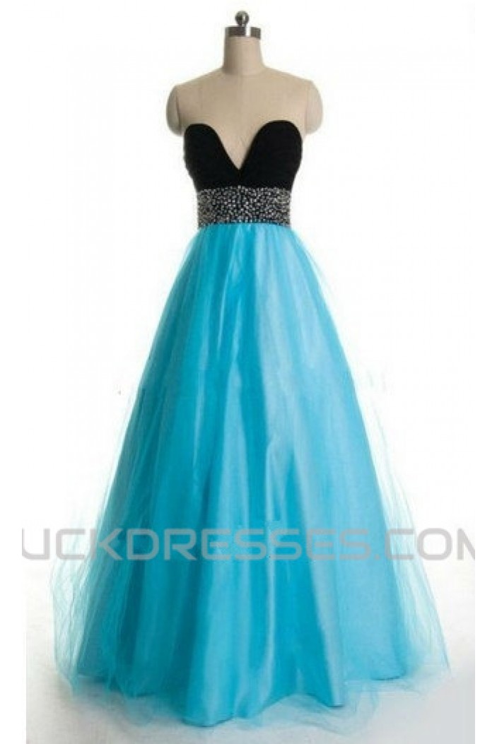A-Line Sweetheart Beaded Black Blue Floor Length Prom Evening Formal Dresses ED011180