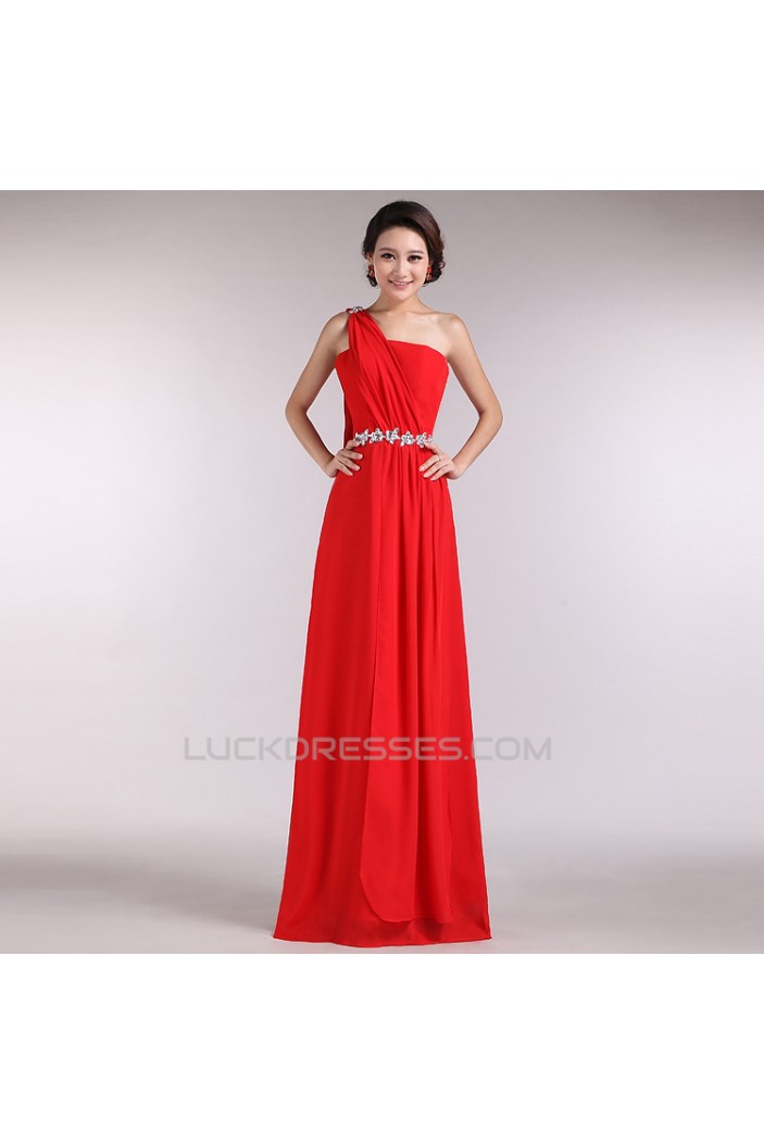 A-Line One-Shoulder Beaded Long Red Chiffon Prom Evening Formal Dresses ED011195