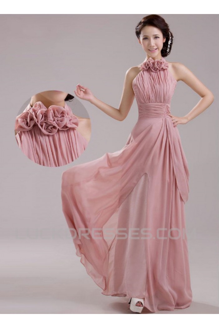 A-Line Halter Long Pink Chiffon Prom Evening Formal Dresses ED011206