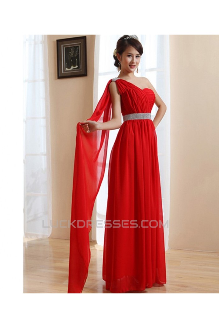 A-Line One-Shoulder Long Red Chiffon Prom Evening Bridesmaid Dresses ED011212