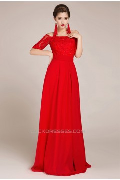 A-Line Off-the-Shoulder Half Sleeve Beaded Applique Long Red Chiffon Prom Evening Formal Dresses ED011239