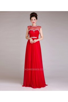 A-Line Jewel Beaded Long Red Chiffon Prom Evening Formal Dresses ED011242