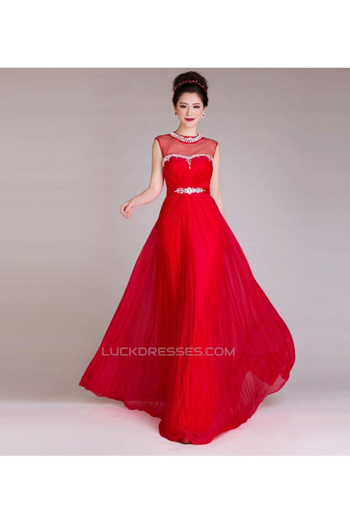 A-Line Jewel Beaded Long Red Chiffon Prom Evening Formal Dresses ED011242