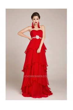 A-Line Strapless Beaded Long Red Chiffon Prom Evening Formal Dresses ED011245