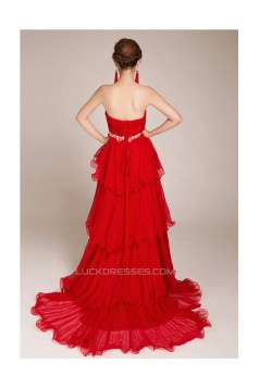A-Line Strapless Beaded Long Red Chiffon Prom Evening Formal Dresses ED011245