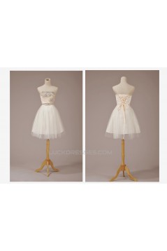 A-Line Strapless Beaded Short Tulle Prom Evening Formal Dresses ED011254