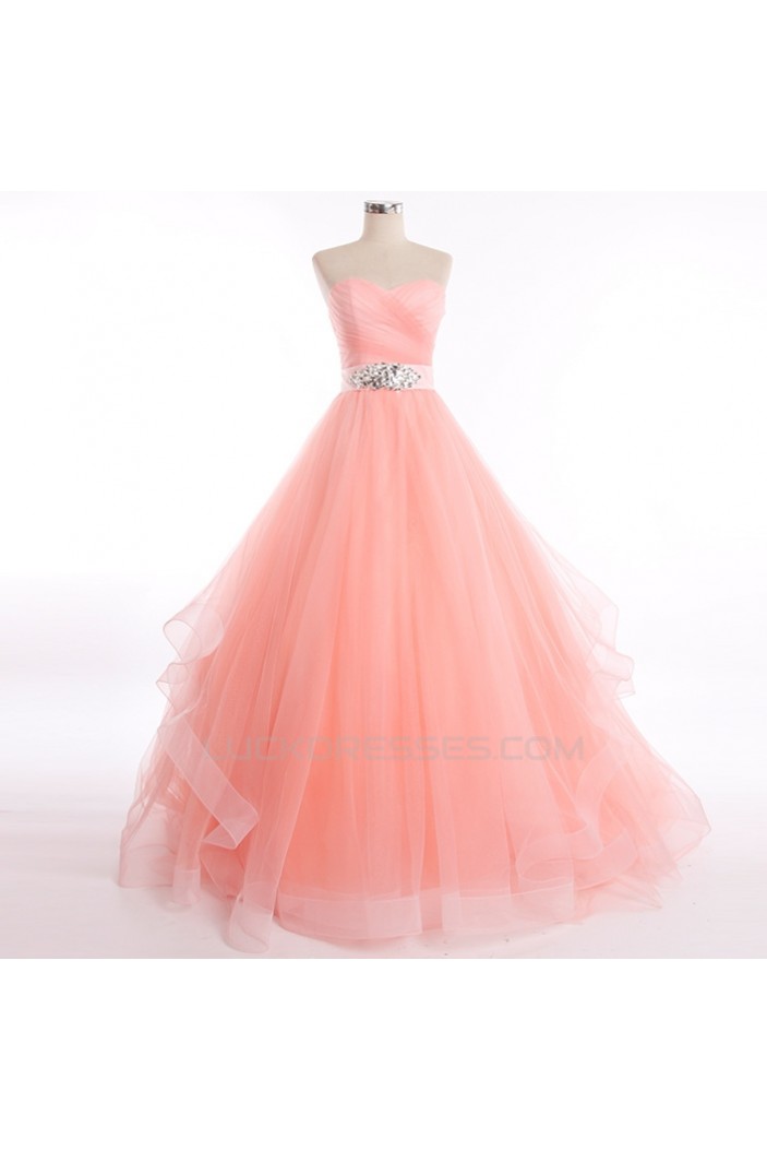 A-Line Sweetheart Beaded Long Pink Tulle Prom Evening Formal Dresses ED011271