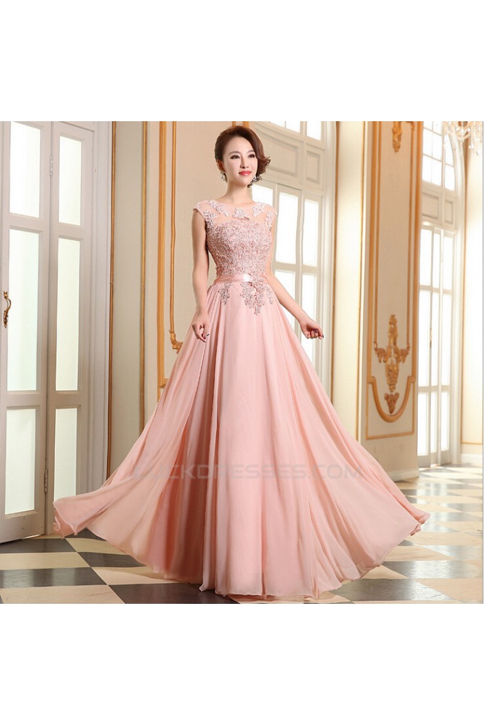 A-Line Beaded Applique Long Pink Chiffon Prom Evening Formal Dresses ED011292