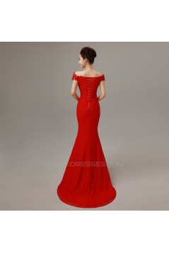 Trumpet/Mermaid Off-the-Shoulder Long Red Lace Prom Evening Formal Dresses ED011297