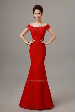 Trumpet/Mermaid Off-the-Shoulder Long Red Lace Prom Evening Formal Dresses ED011297