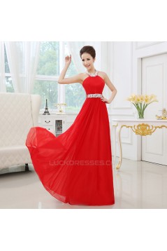 A-Line Halter Beaded Long Red Chiffon Prom Evening Formal Dresses ED011301