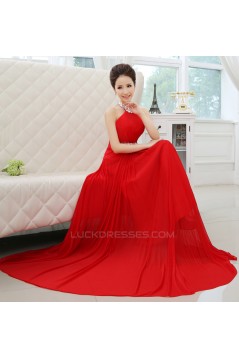 A-Line Halter Beaded Long Red Chiffon Prom Evening Formal Dresses ED011301