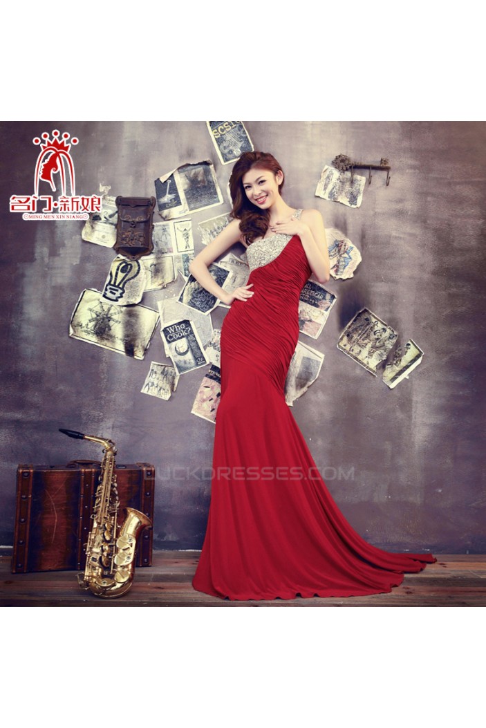 Elegant One-Shoulder Beaded Long Red Chiffon Prom Evening Formal Dresses ED011307