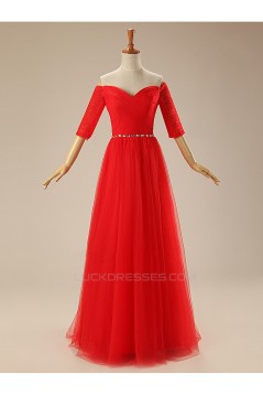 A-Line Half Sleeve Off-the-Shoulder Long Red Tulle Prom Evening Formal Dresses ED011309