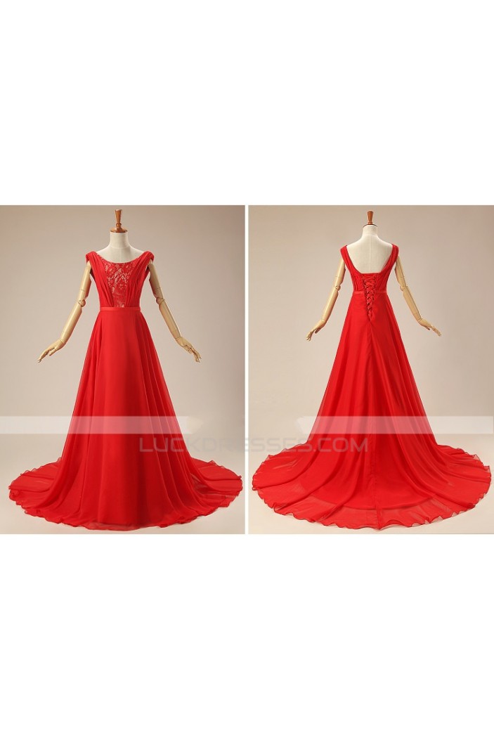 A-Line Long Red Lace and Chiffon Prom Evening Formal Dresses ED011310