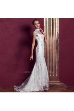 Trumpet/Mermaid High-Neck Beaded Long White Applique Prom Evening Wedding Dresses ED011312