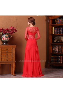 A-Line V-Neck 3/4 Sleeve Long Red Prom Evening Formal Dresses ED011313