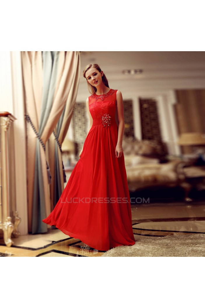 A-Line Jewel Beaded Long Red Lace and Chiffon Prom Evening Formal Dresses ED011314