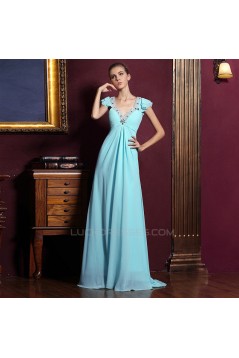 A-Line V-Neck Beaded Cap-Sleeve Long Blue Chiffon Prom Evening Formal Dresses ED011323