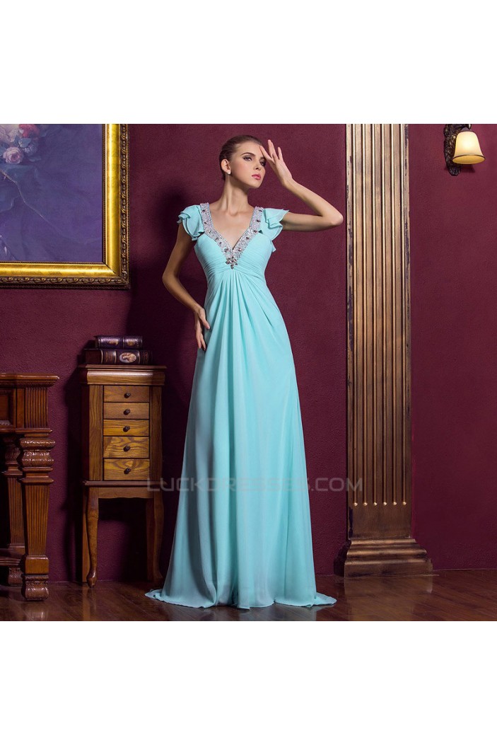 A-Line V-Neck Beaded Cap-Sleeve Long Blue Chiffon Prom Evening Formal Dresses ED011323