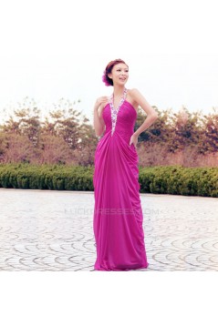 Sheath/Column Halter Beaded Long Chiffon Prom Evening Formal Dresses ED011337