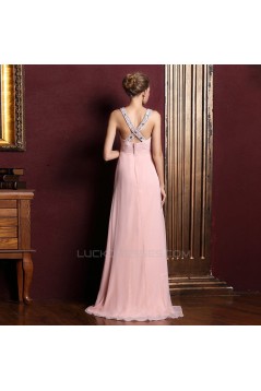 A-Line V-Neck Beaded Long Pink Chiffon Prom Evening Formal Dresses ED011357